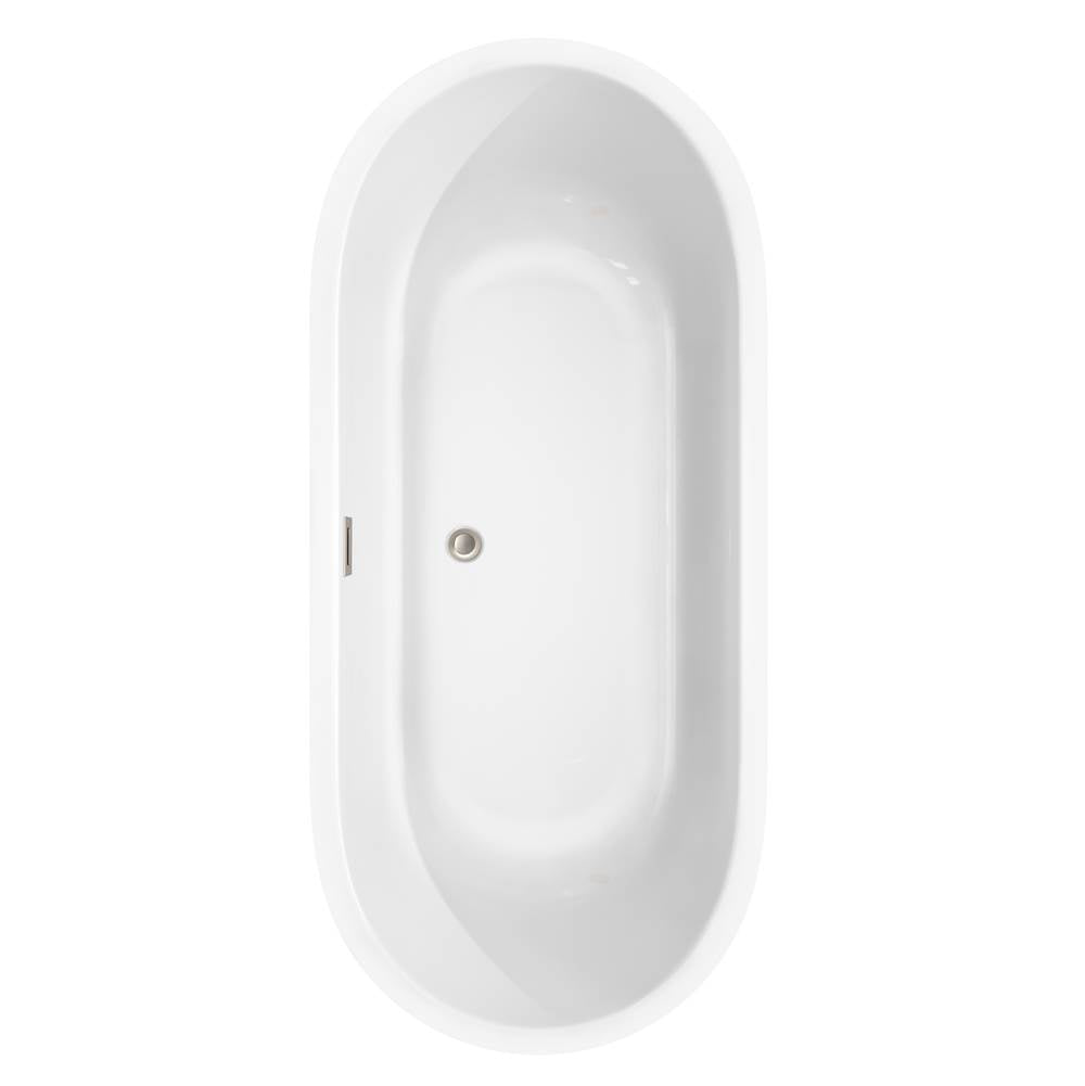 Juliette 71 Inch Freestanding Bathtub in White with Floor Mounted Faucet, Drain and Overflow Trim in Brushed Nickel