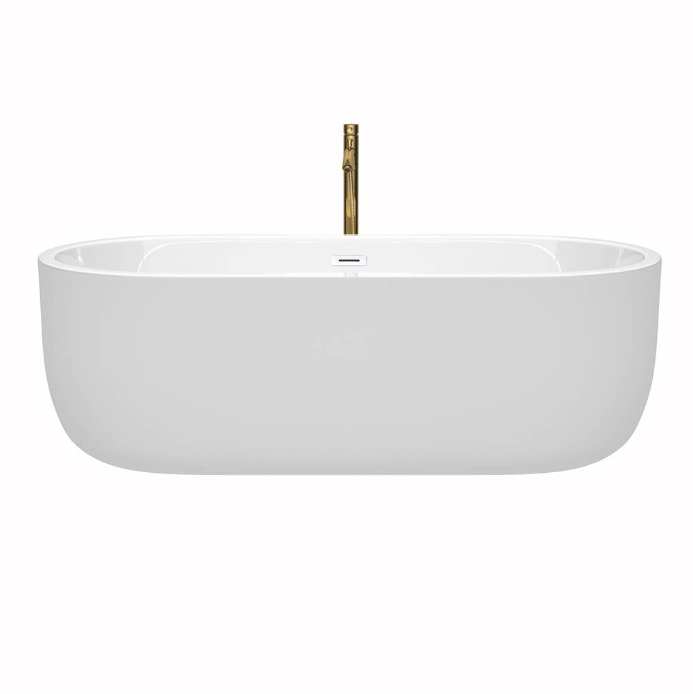 Juliette 71 Inch Freestanding Bathtub in White with Shiny White Trim and Floor Mounted Faucet in Brushed Gold