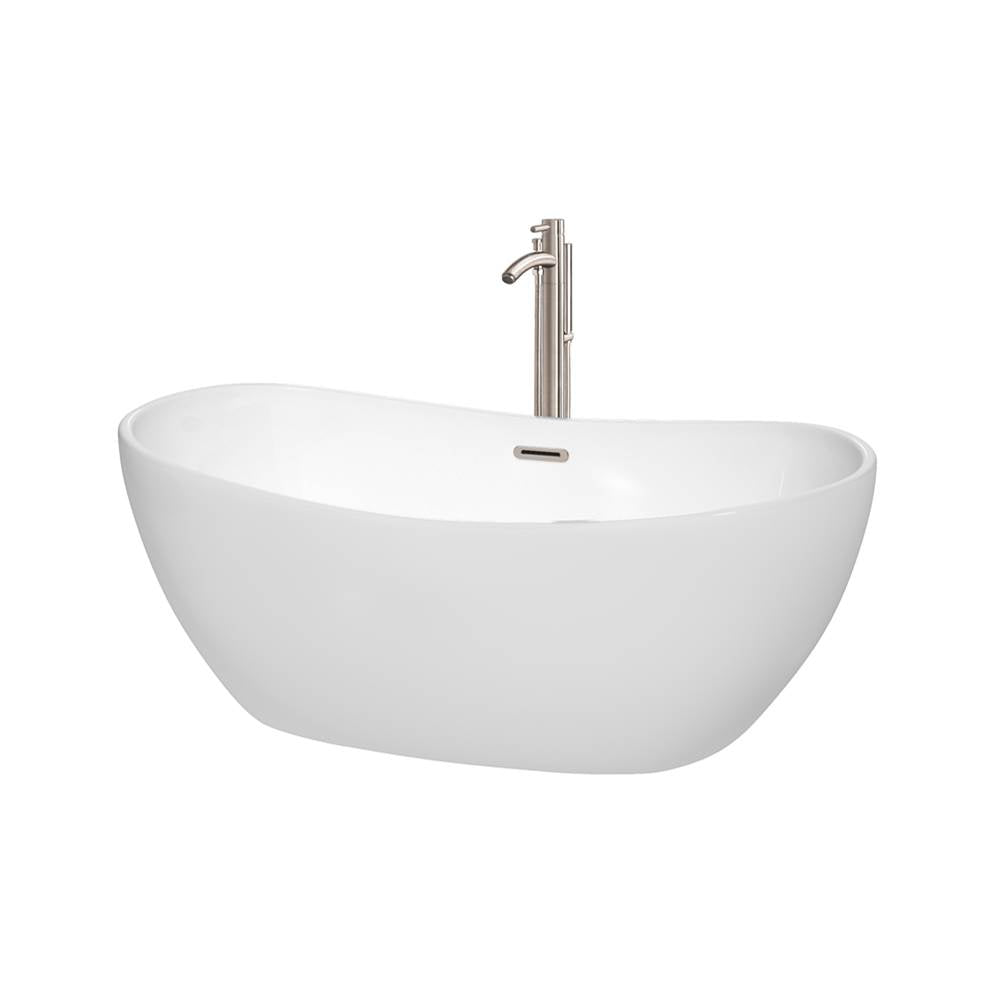 Wyndham Collection - Rebecca 60 Inch Freestanding Bathtub in White with Floor Mounted Faucet, Drain and Overflow Trim in Brushed Nickel - White With Brushed Nickel