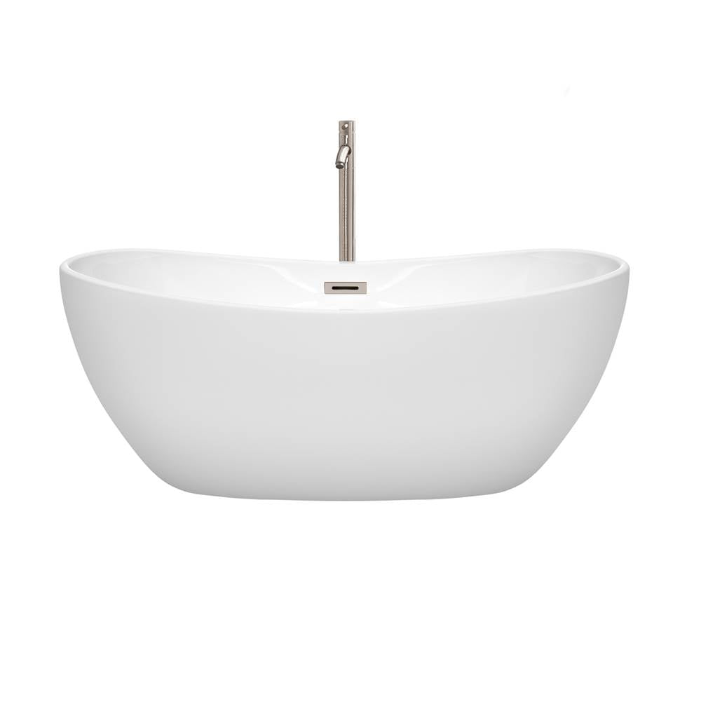 Rebecca 60 Inch Freestanding Bathtub in White with Floor Mounted Faucet, Drain and Overflow Trim in Brushed Nickel