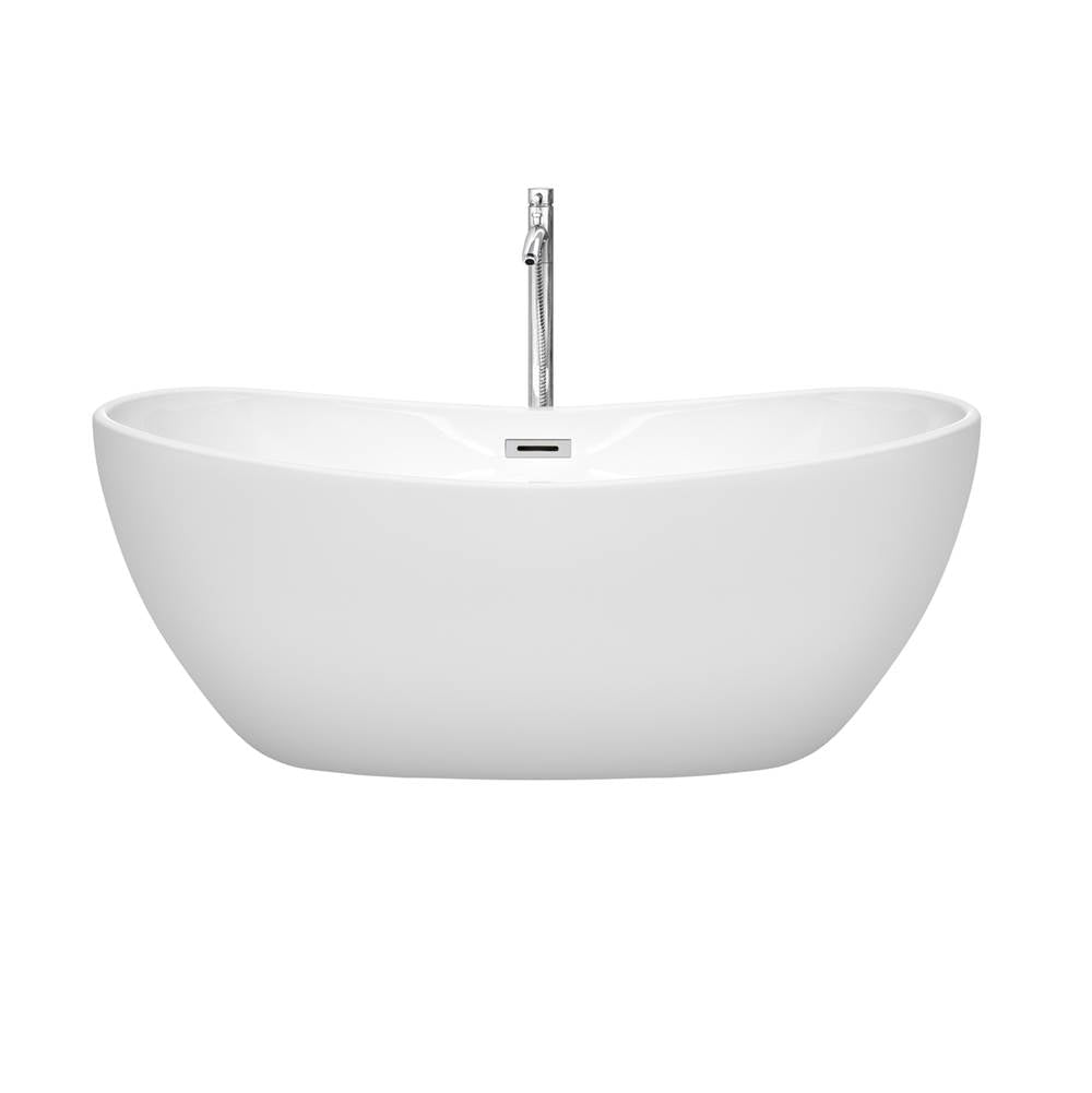 Rebecca 60 Inch Freestanding Bathtub in White with Floor Mounted Faucet, Drain and Overflow Trim in Brushed Nickel