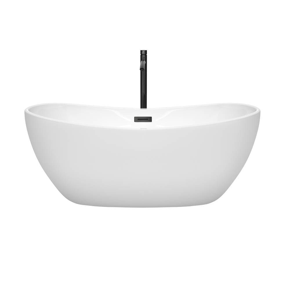 Rebecca 60 Inch Freestanding Bathtub in White with Floor Mounted Faucet, Drain and Overflow Trim in Matte Black