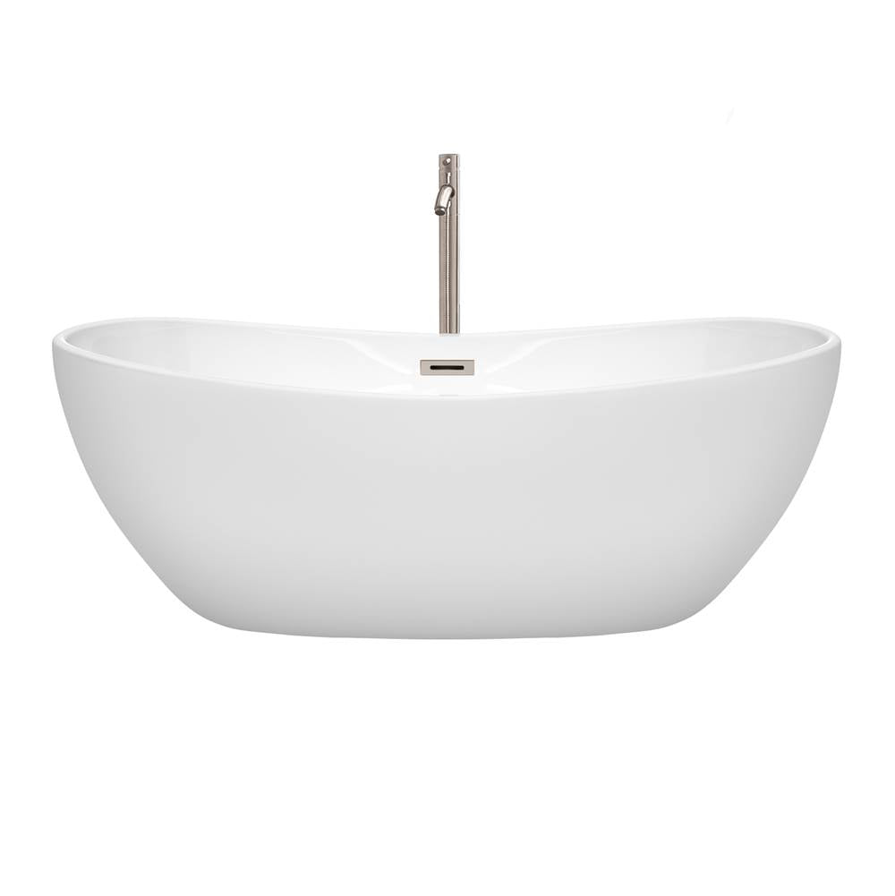 Rebecca 65 Inch Freestanding Bathtub in White with Floor Mounted Faucet, Drain and Overflow Trim in Brushed Nickel
