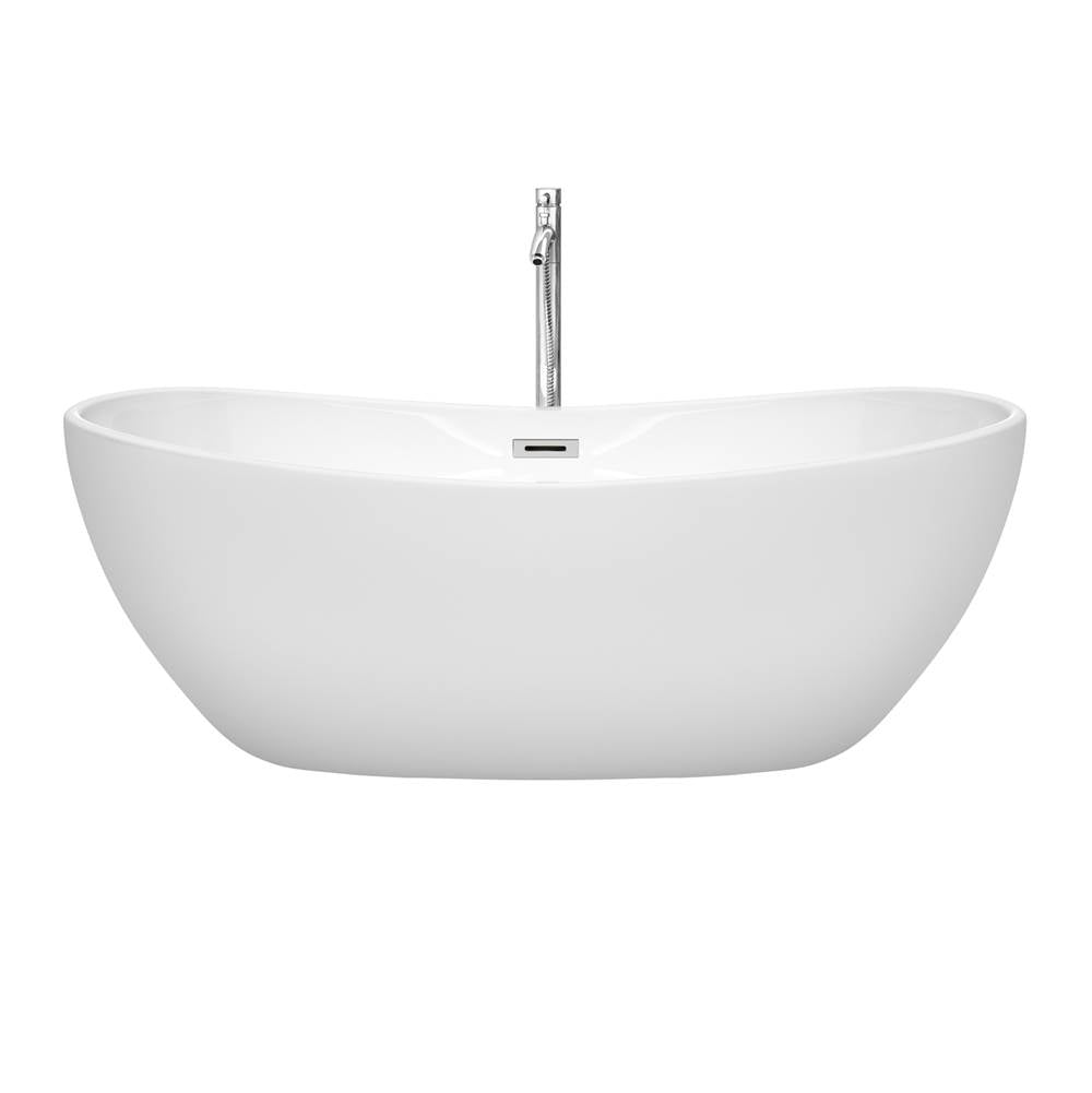 Rebecca 65 Inch Freestanding Bathtub in White with Floor Mounted Faucet, Drain and Overflow Trim in Brushed Nickel