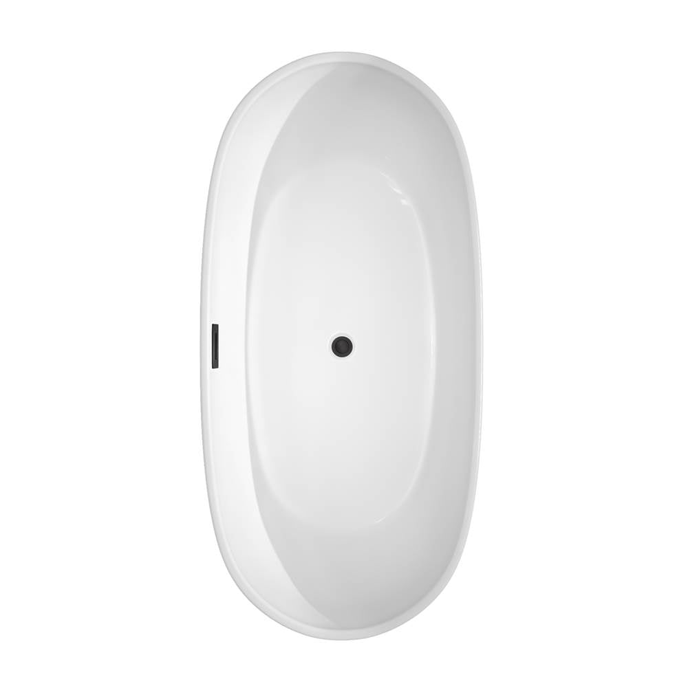 Rebecca 65 Inch Freestanding Bathtub in White with Floor Mounted Faucet, Drain and Overflow Trim in Matte Black