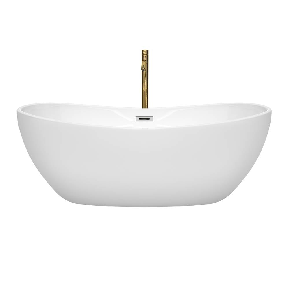 Rebecca 65 Inch Freestanding Bathtub in White with Polished Chrome Trim and Floor Mounted Faucet in Brushed Gold