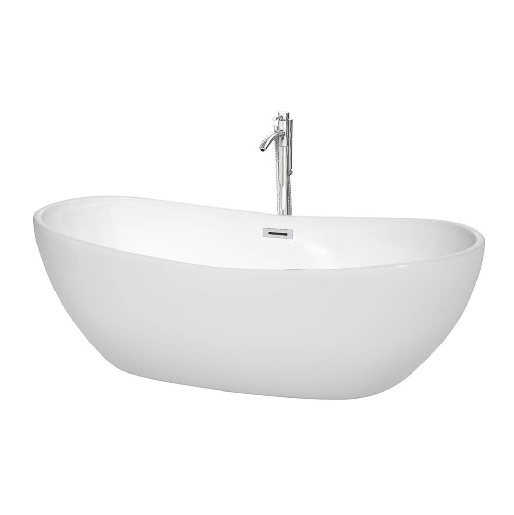Wyndham Collection - Rebecca 70 Inch Freestanding Bathtub in White with Floor Mounted Faucet, Drain and Overflow Trim in Polished Chrome - White With Polished Chrome