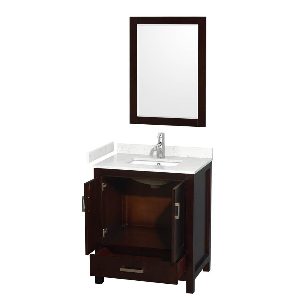 Sheffield 30 Inch Single Bathroom Vanity in Espresso, Carrara Cultured Marble Countertop, Undermount Square Sink, 24 Inch Mirror