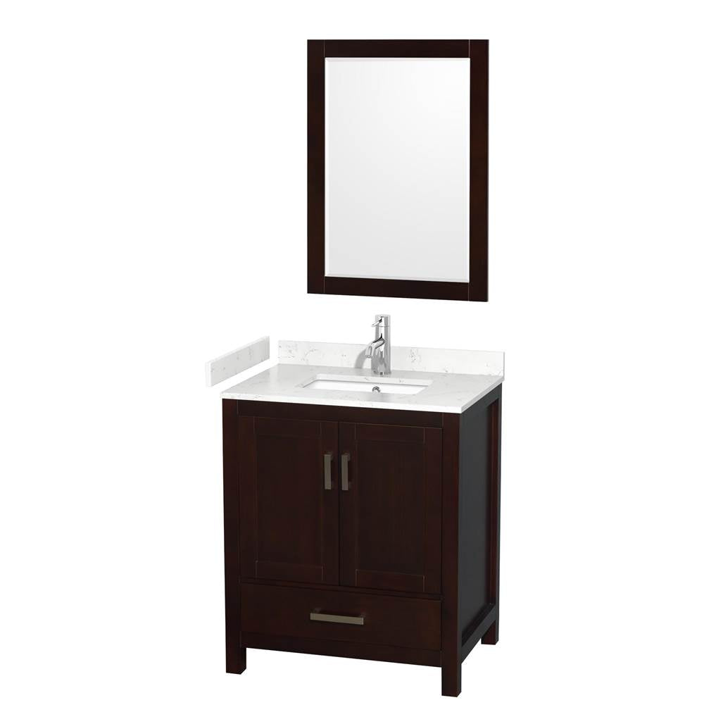 Wyndham Collection - Sheffield 30 Inch Single Bathroom Vanity in Espresso, Carrara Cultured Marble Countertop, Undermount Square Sink, 24 Inch Mirror