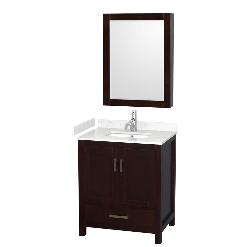 Wyndham Collection - Sheffield 30 Inch Single Bathroom Vanity in Espresso, Carrara Cultured Marble Countertop, Undermount Square Sink, Medicine Cabinet