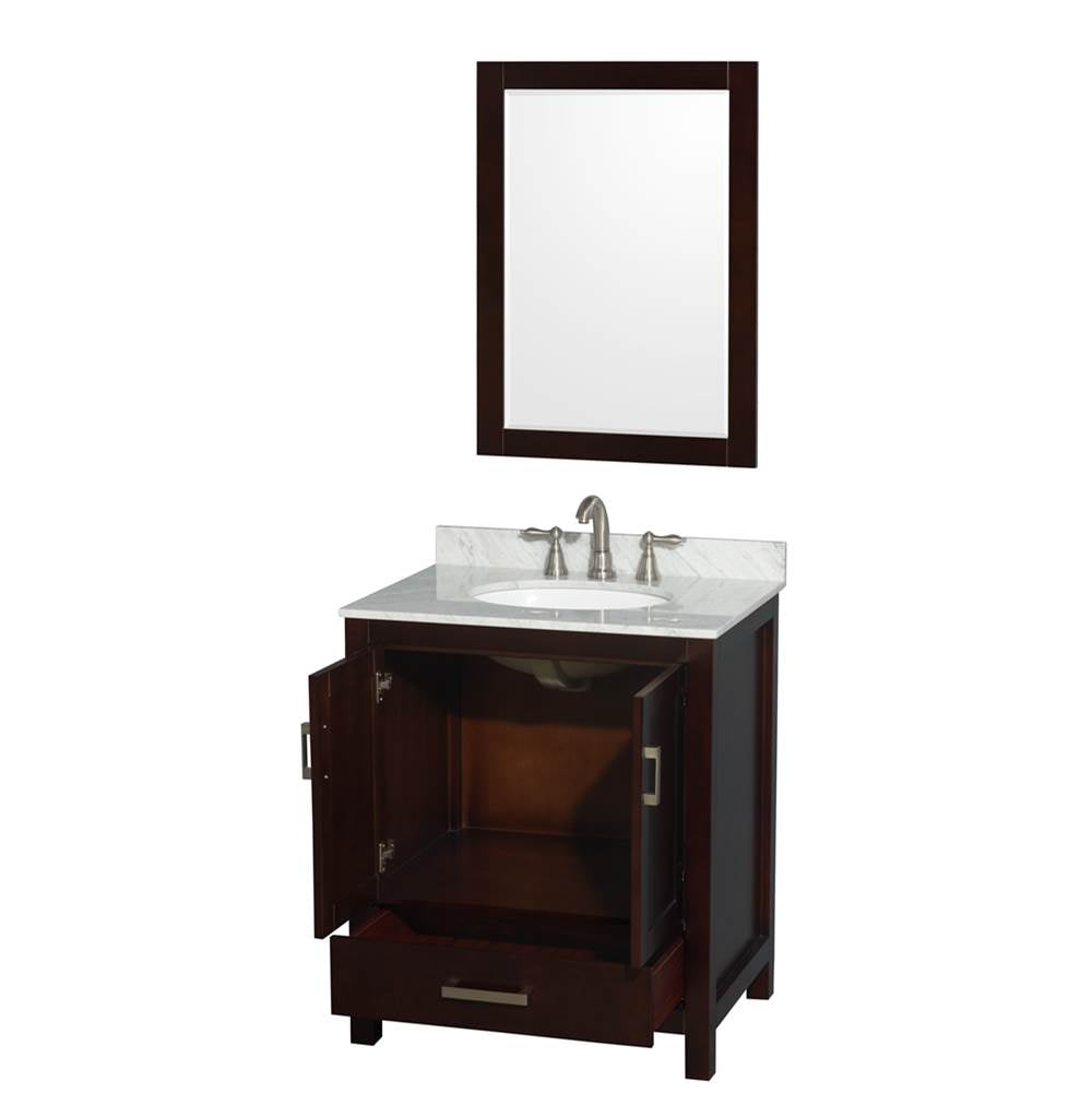 Sheffield 30 Inch Single Bathroom Vanity in Espresso, White Carrara Marble Countertop, Undermount Oval Sink, and 24 Inch Mirror