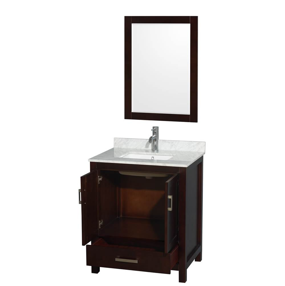 Sheffield 30 Inch Single Bathroom Vanity in Espresso, White Carrara Marble Countertop, Undermount Square Sink, and 24 Inch Mirror