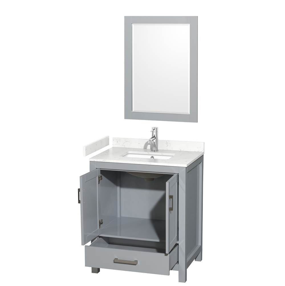 Sheffield 30 Inch Single Bathroom Vanity in Gray, Carrara Cultured Marble Countertop, Undermount Square Sink, 24 Inch Mirror