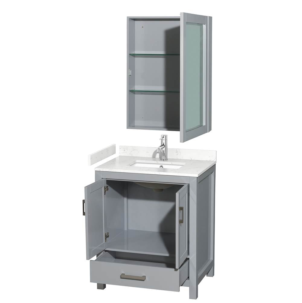 Sheffield 30 Inch Single Bathroom Vanity in Gray, Carrara Cultured Marble Countertop, Undermount Square Sink, Medicine Cabinet