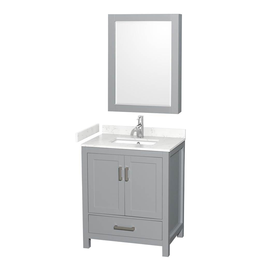 Wyndham Collection - Sheffield 30 Inch Single Bathroom Vanity in Gray, Carrara Cultured Marble Countertop, Undermount Square Sink, Medicine Cabinet