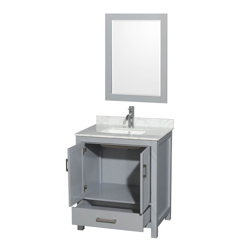 Sheffield 30 Inch Single Bathroom Vanity in Espresso, White Carrara Marble Countertop, Undermount Square Sink, and 24 Inch Mirror