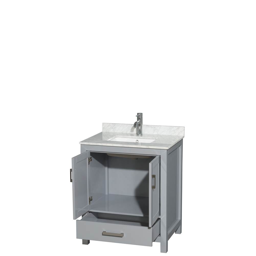 Sheffield 30 Inch Single Bathroom Vanity in Espresso, White Carrara Marble Countertop, Undermount Square Sink, and No Mirror