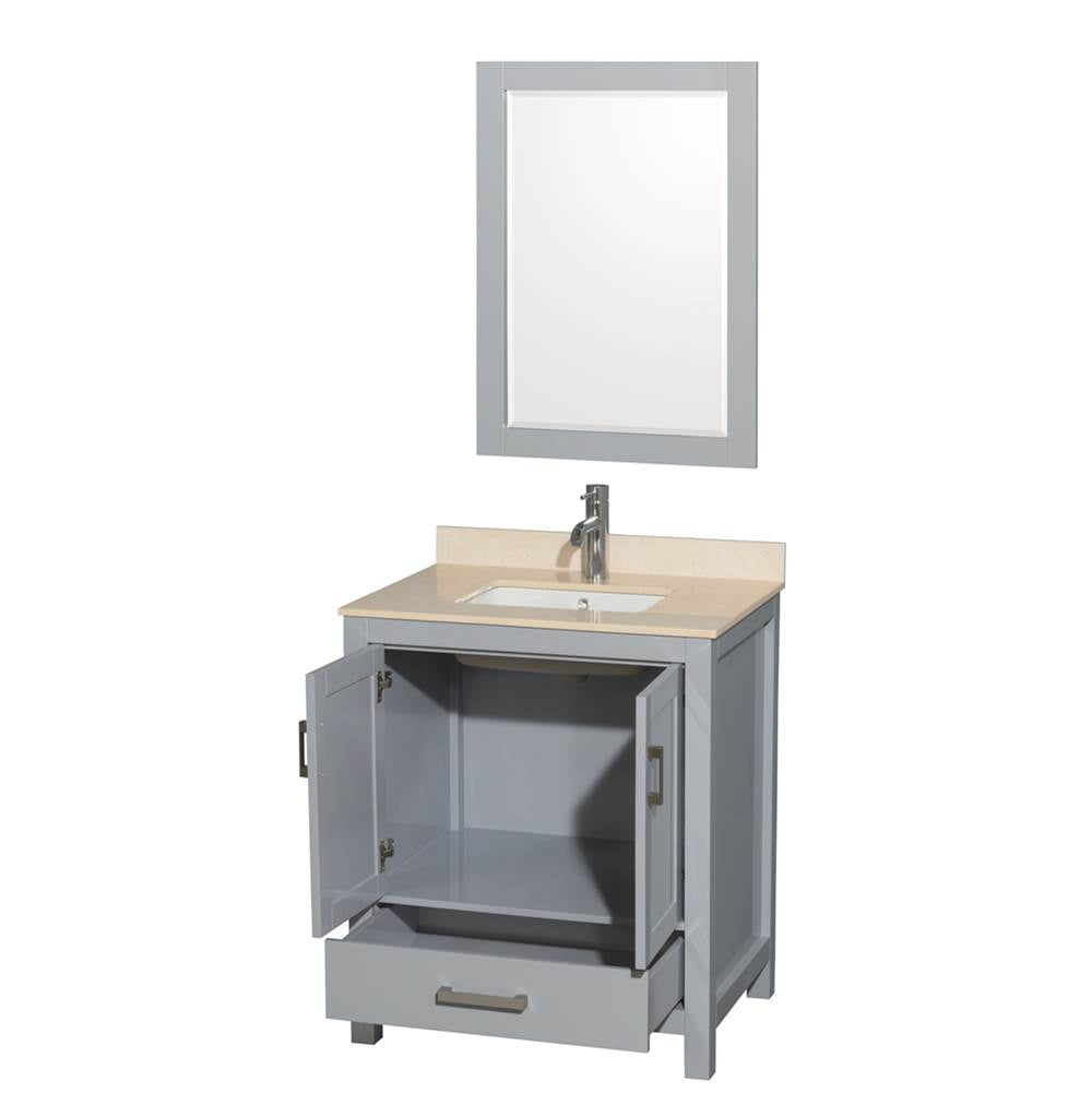 Sheffield 30 Inch Single Bathroom Vanity in Espresso, Ivory Marble Countertop, Undermount Square Sink, and 24 Inch Mirror