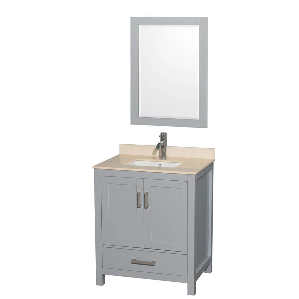 Wyndham Collection - Sheffield 30 Inch Single Bathroom Vanity in Gray, Ivory Marble Countertop, Undermount Square Sink, and 24 Inch Mirror - Gray