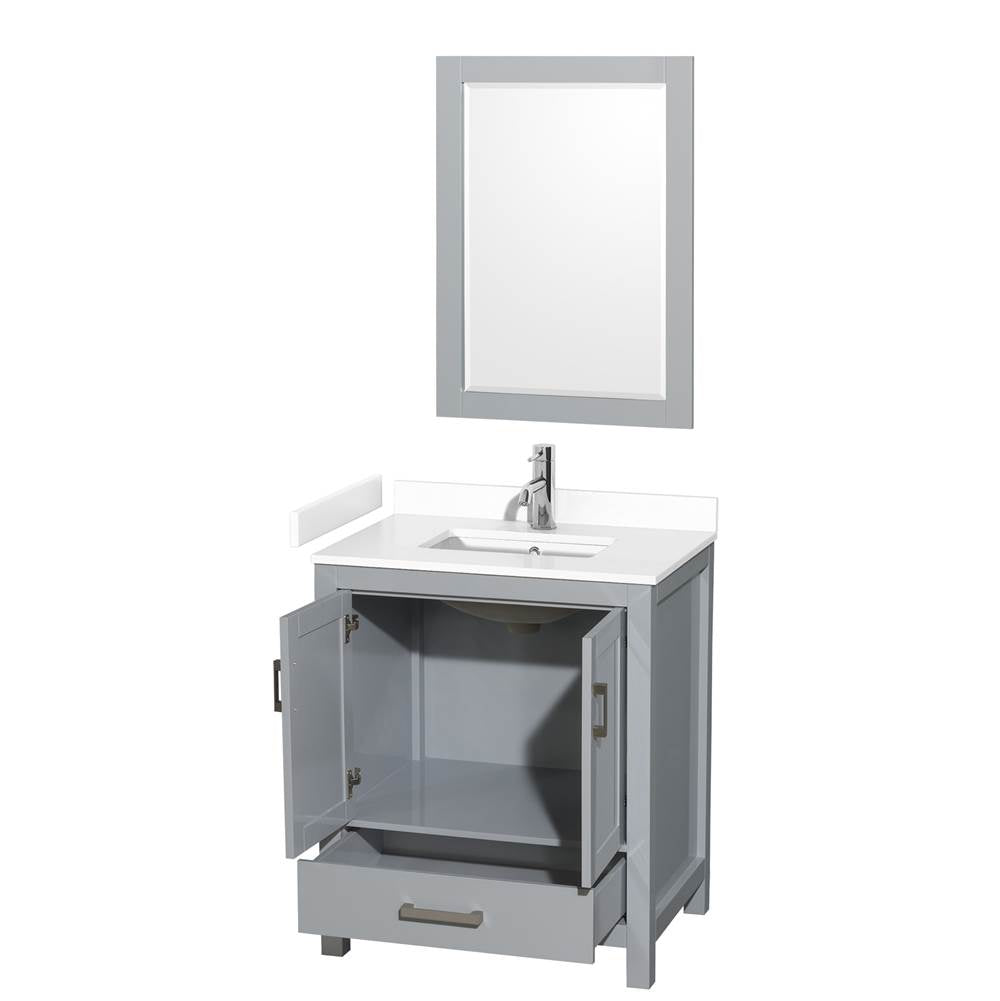 Sheffield 30 Inch Single Bathroom Vanity in Gray, White Cultured Marble Countertop, Undermount Square Sink, 24 Inch Mirror