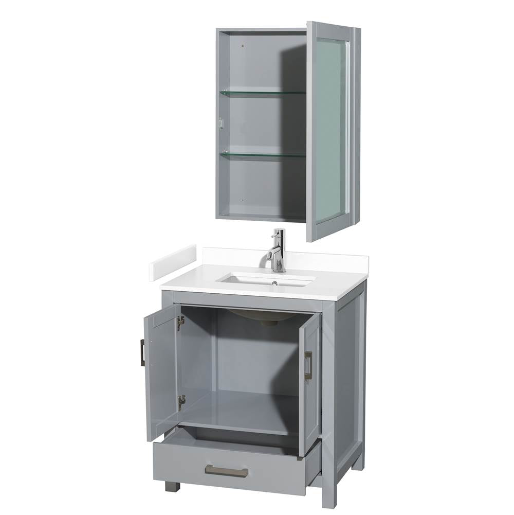 Sheffield 30 Inch Single Bathroom Vanity in Gray, White Cultured Marble Countertop, Undermount Square Sink, Medicine Cabinet