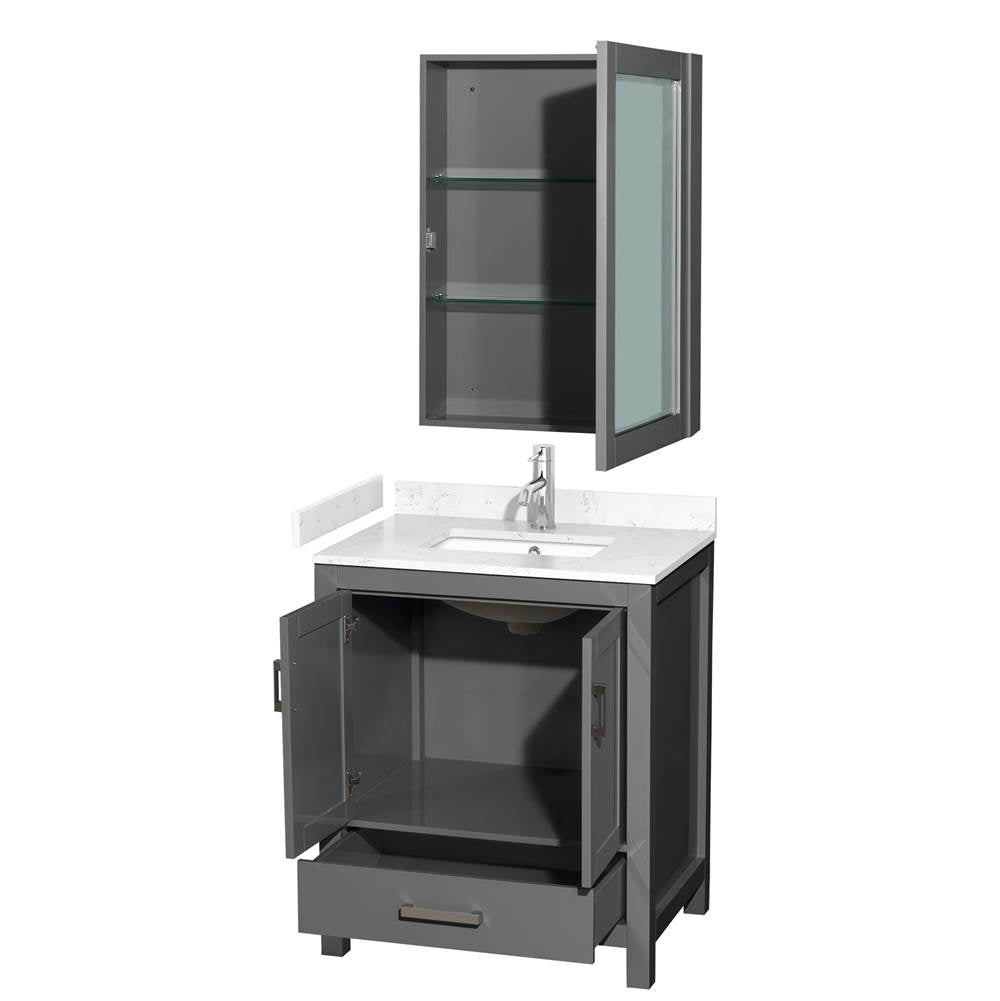 Sheffield 30 Inch Single Bathroom Vanity in Dark Gray, Carrara Cultured Marble Countertop, Undermount Square Sink, Medicine Cabinet