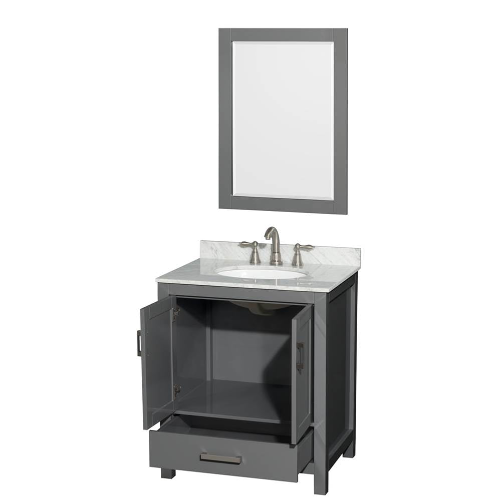 Sheffield 30 Inch Single Bathroom Vanity in Espresso, White Carrara Marble Countertop, Undermount Oval Sink, and 24 Inch Mirror