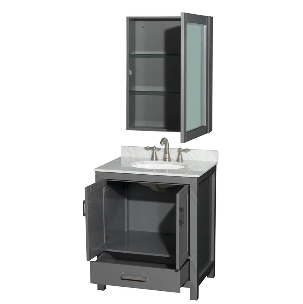 Sheffield 30 Inch Single Bathroom Vanity in Espresso, White Carrara Marble Countertop, Undermount Oval Sink, and Medicine Cabinet