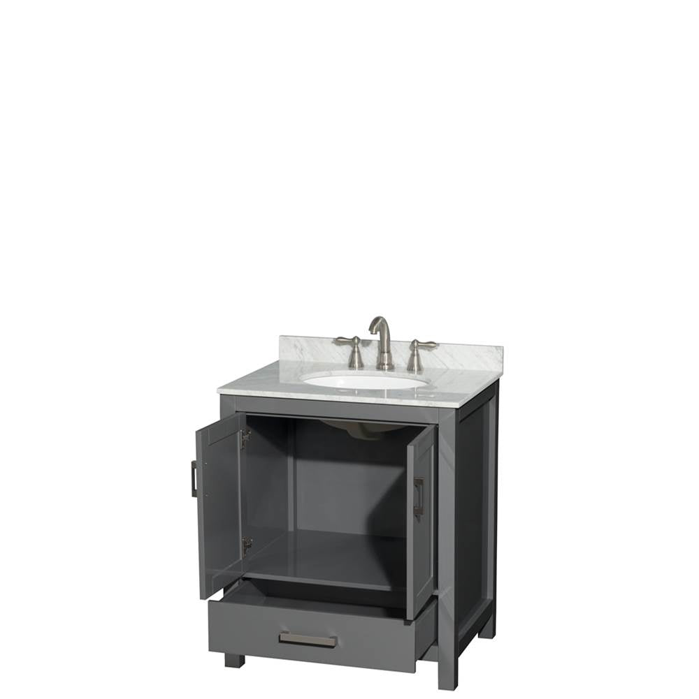 Sheffield 30 Inch Single Bathroom Vanity in Espresso, White Carrara Marble Countertop, Undermount Oval Sink, and No Mirror