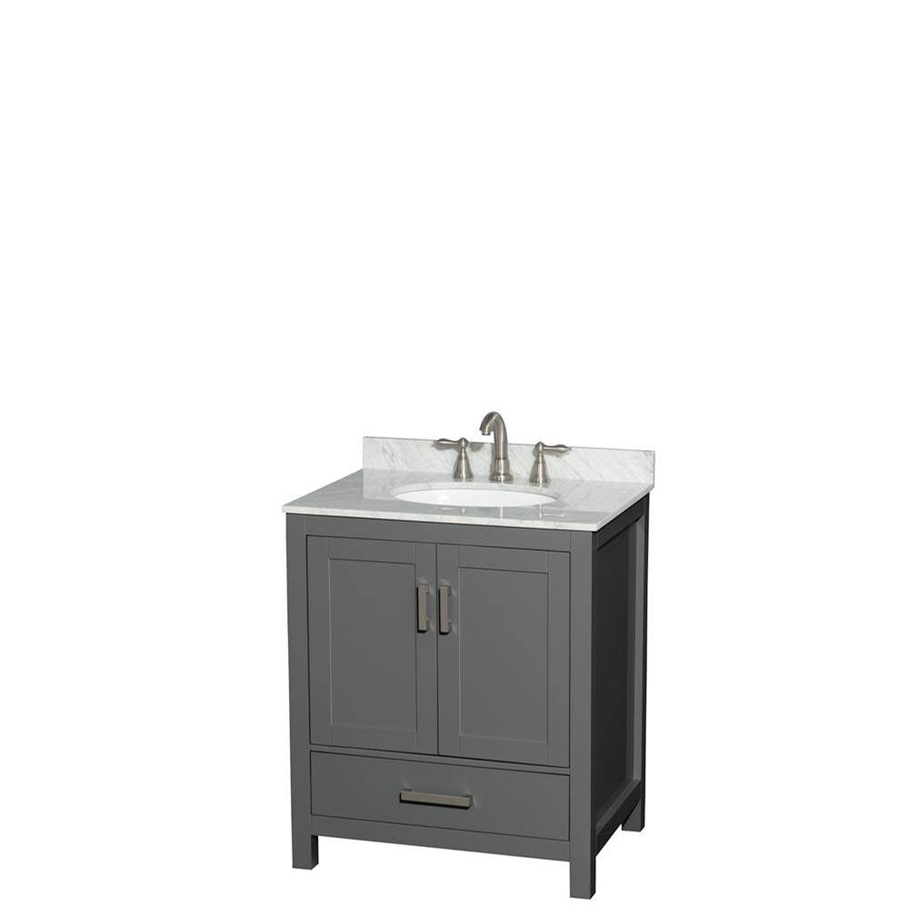 Wyndham Collection - Sheffield 30 Inch Single Bathroom Vanity in Dark Gray, White Carrara Marble Countertop, Undermount Oval Sink, and No Mirror - Dark Gray