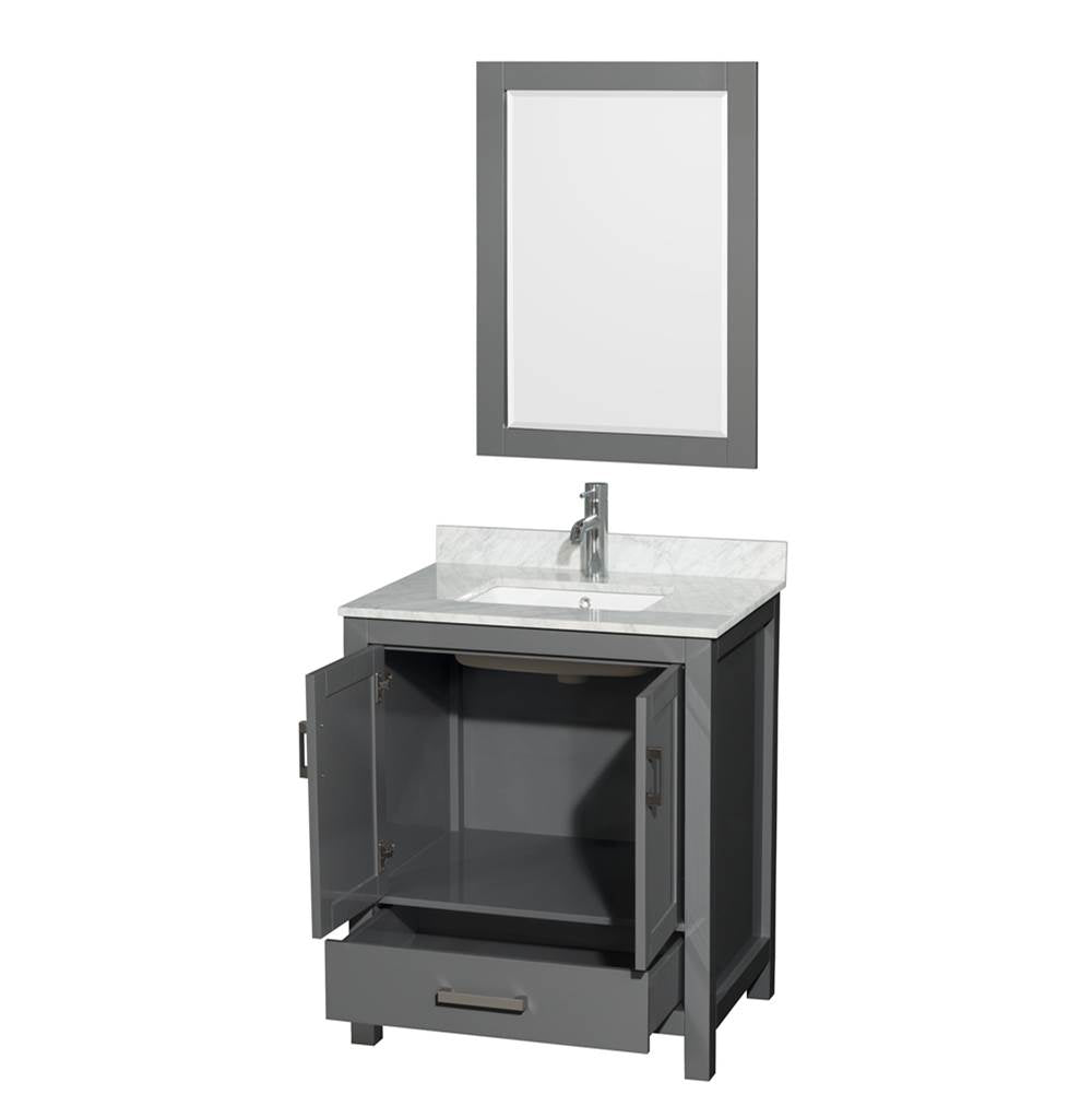 Sheffield 30 Inch Single Bathroom Vanity in Espresso, White Carrara Marble Countertop, Undermount Square Sink, and 24 Inch Mirror