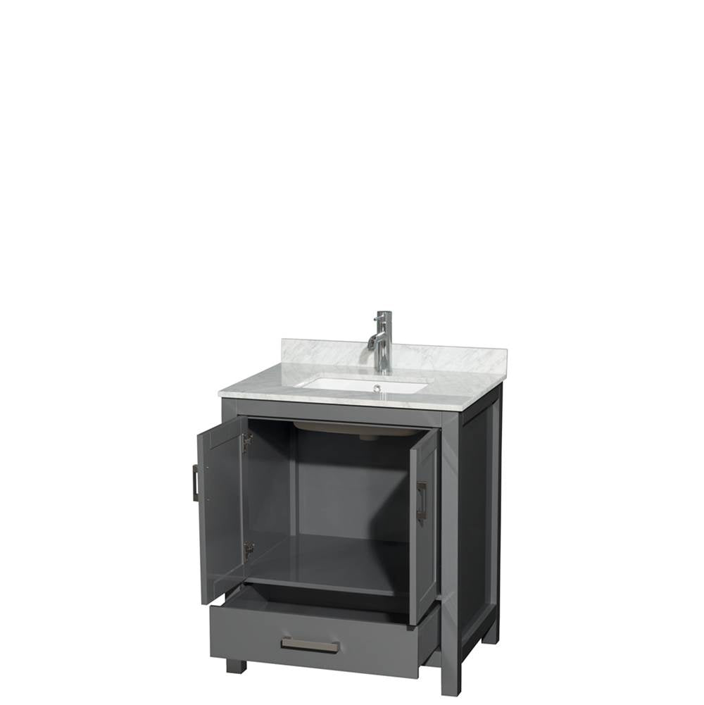 Sheffield 30 Inch Single Bathroom Vanity in Espresso, White Carrara Marble Countertop, Undermount Square Sink, and No Mirror