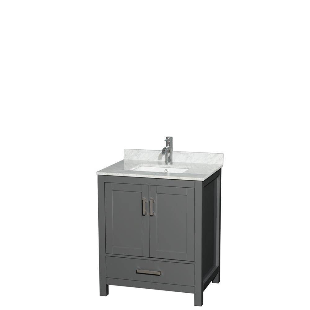 Wyndham Collection - Sheffield 30 Inch Single Bathroom Vanity in Dark Gray, White Carrara Marble Countertop, Undermount Square Sink, and No Mirror - Dark Gray