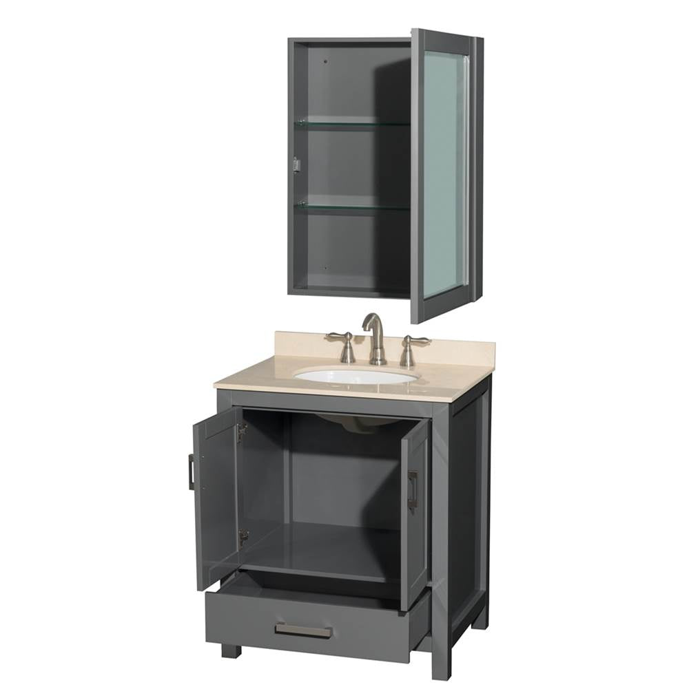 Sheffield 30 Inch Single Bathroom Vanity in Espresso, Ivory Marble Countertop, Undermount Oval Sink, and Medicine Cabinet