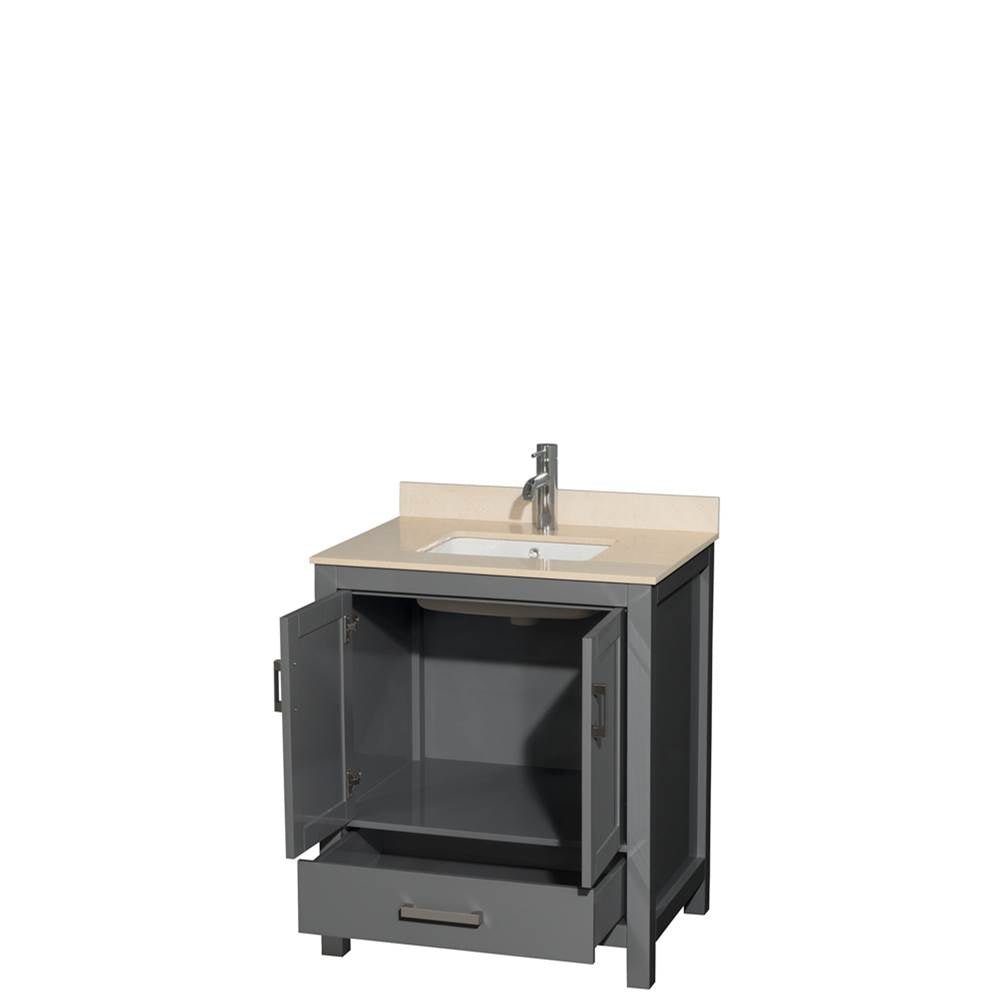 Sheffield 30 Inch Single Bathroom Vanity in Espresso, Ivory Marble Countertop, Undermount Square Sink, and No Mirror