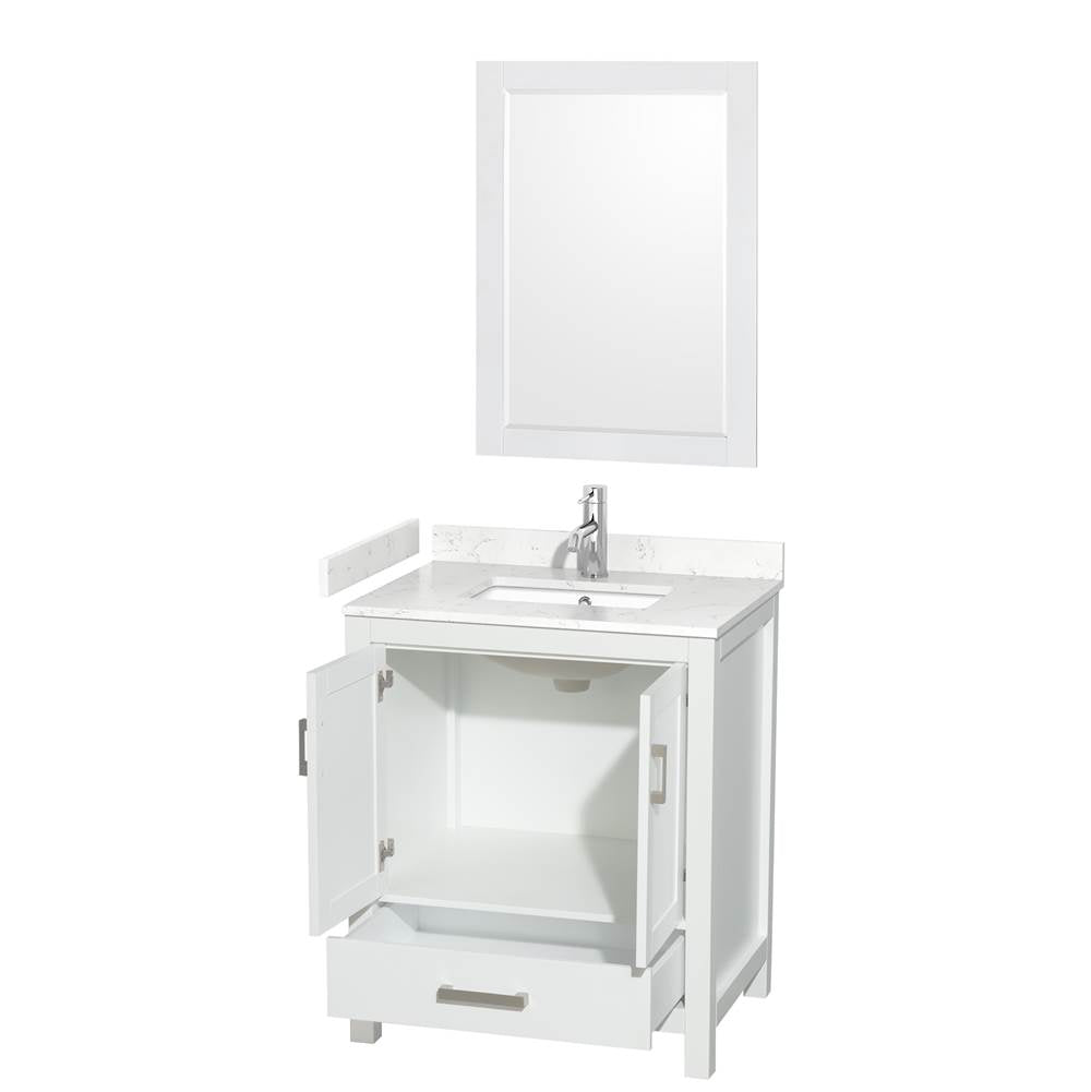 Sheffield 30 Inch Single Bathroom Vanity in White, Carrara Cultured Marble Countertop, Undermount Square Sink, 24 Inch Mirror