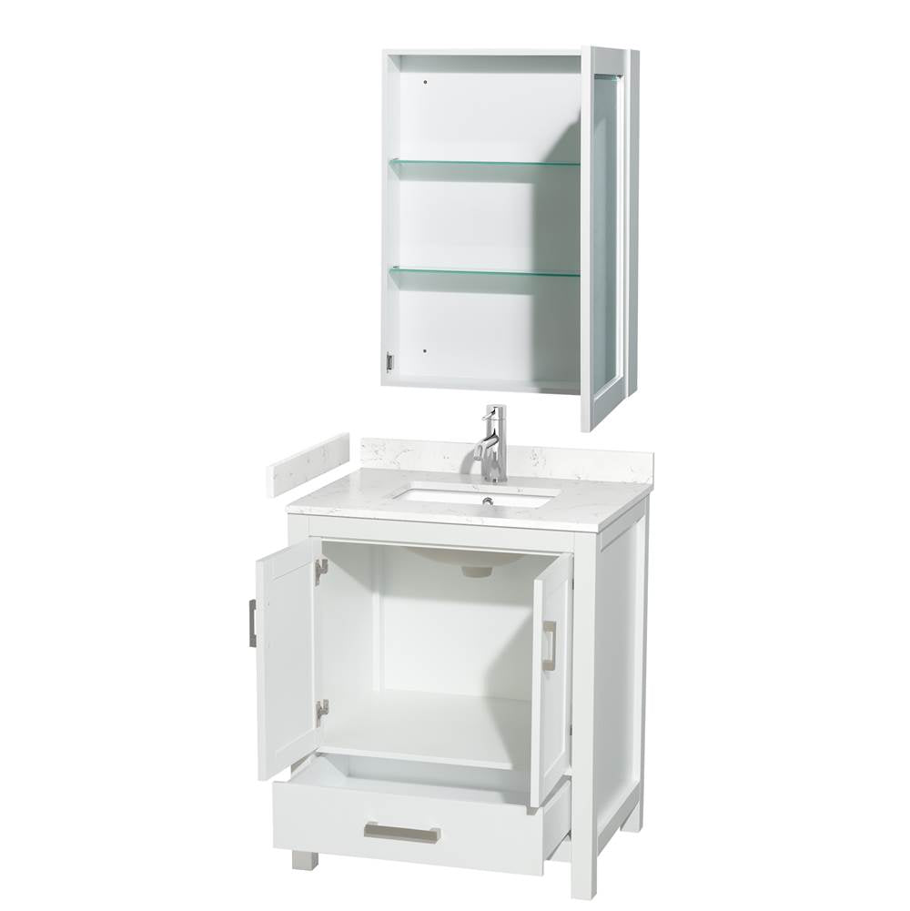Sheffield 30 Inch Single Bathroom Vanity in White, Carrara Cultured Marble Countertop, Undermount Square Sink, Medicine Cabinet
