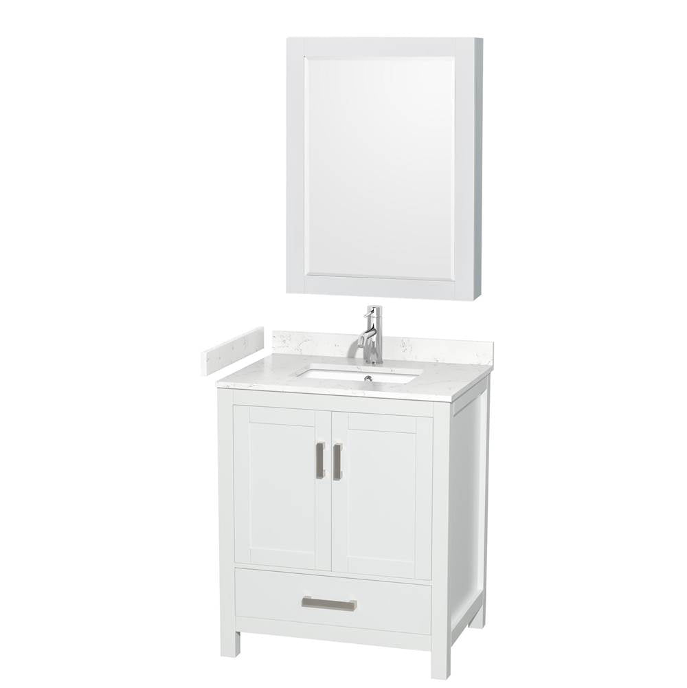 Wyndham Collection - Sheffield 30 Inch Single Bathroom Vanity in White, Carrara Cultured Marble Countertop, Undermount Square Sink, Medicine Cabinet