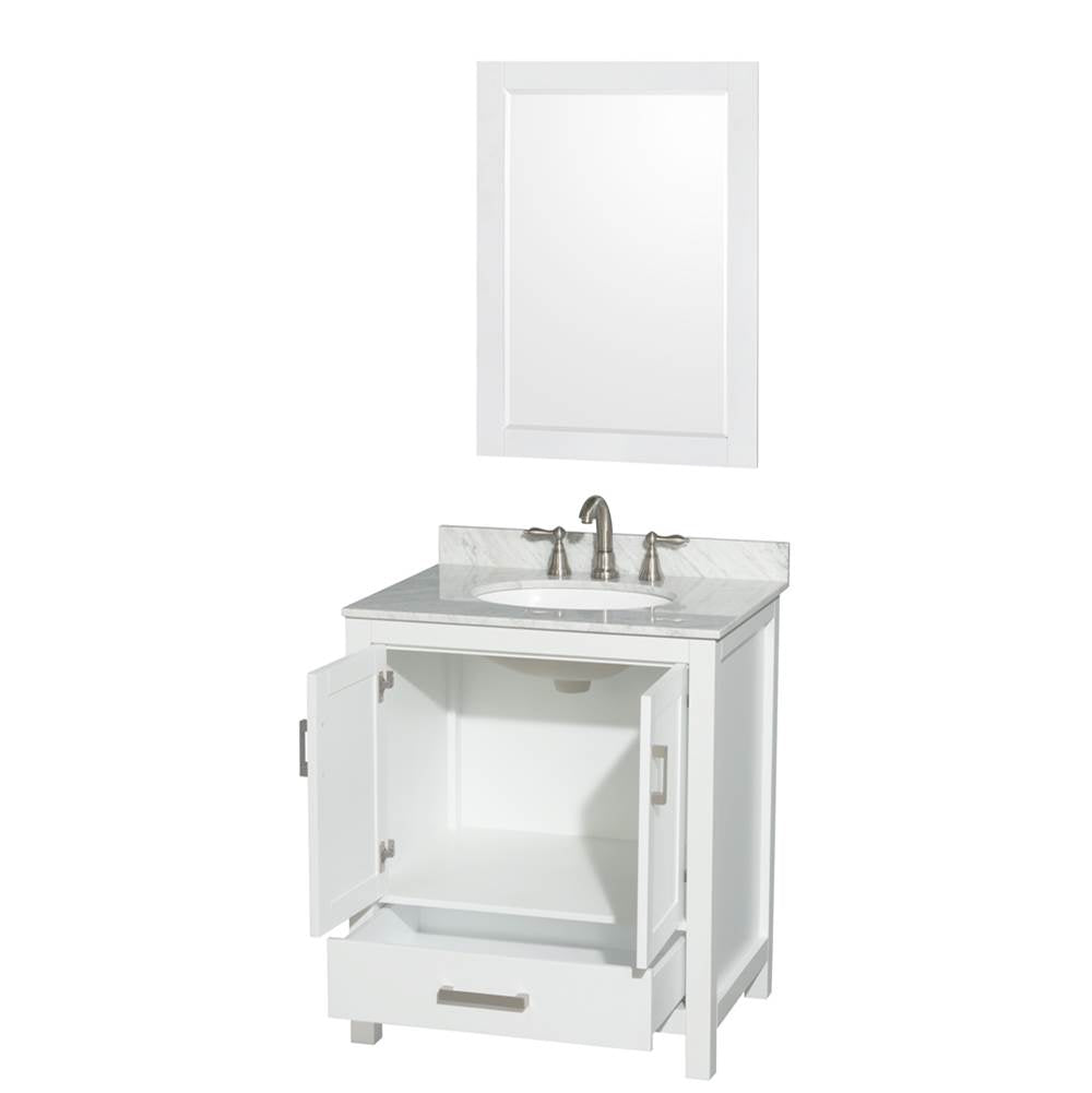 Sheffield 30 Inch Single Bathroom Vanity in Espresso, White Carrara Marble Countertop, Undermount Oval Sink, and 24 Inch Mirror