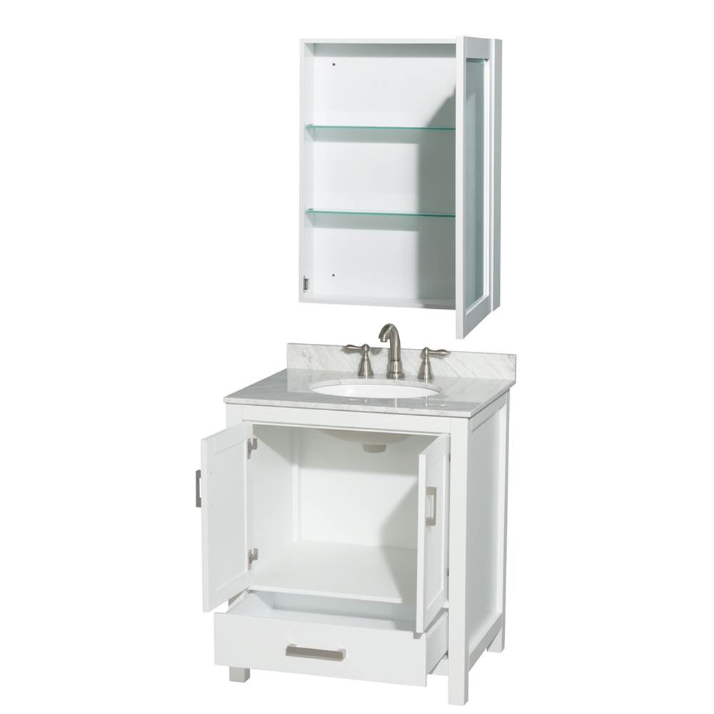 Sheffield 30 Inch Single Bathroom Vanity in Espresso, White Carrara Marble Countertop, Undermount Oval Sink, and Medicine Cabinet