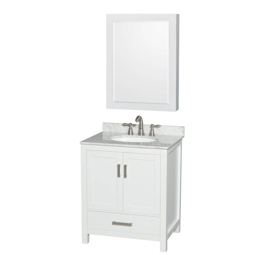 Wyndham Collection - Sheffield 30 Inch Single Bathroom Vanity in White, White Carrara Marble Countertop, Undermount Oval Sink, and Medicine Cabinet - White
