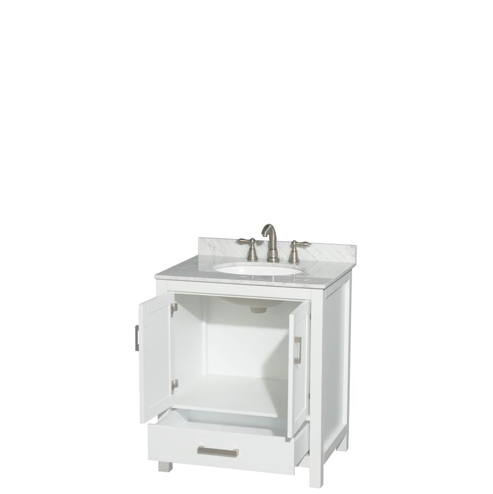 Sheffield 30 Inch Single Bathroom Vanity in Espresso, White Carrara Marble Countertop, Undermount Oval Sink, and No Mirror