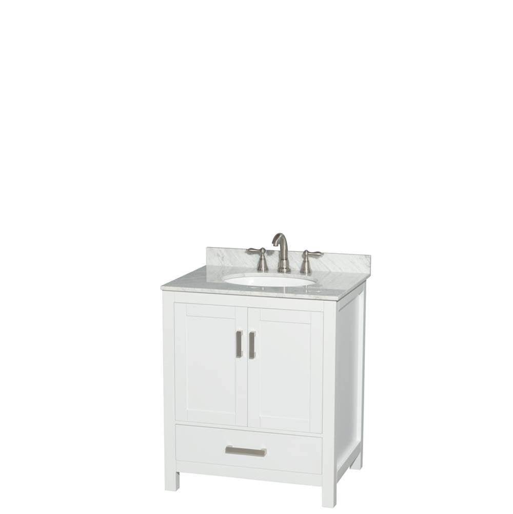 Wyndham Collection - Sheffield 30 Inch Single Bathroom Vanity in White, White Carrara Marble Countertop, Undermount Oval Sink, and No Mirror - White