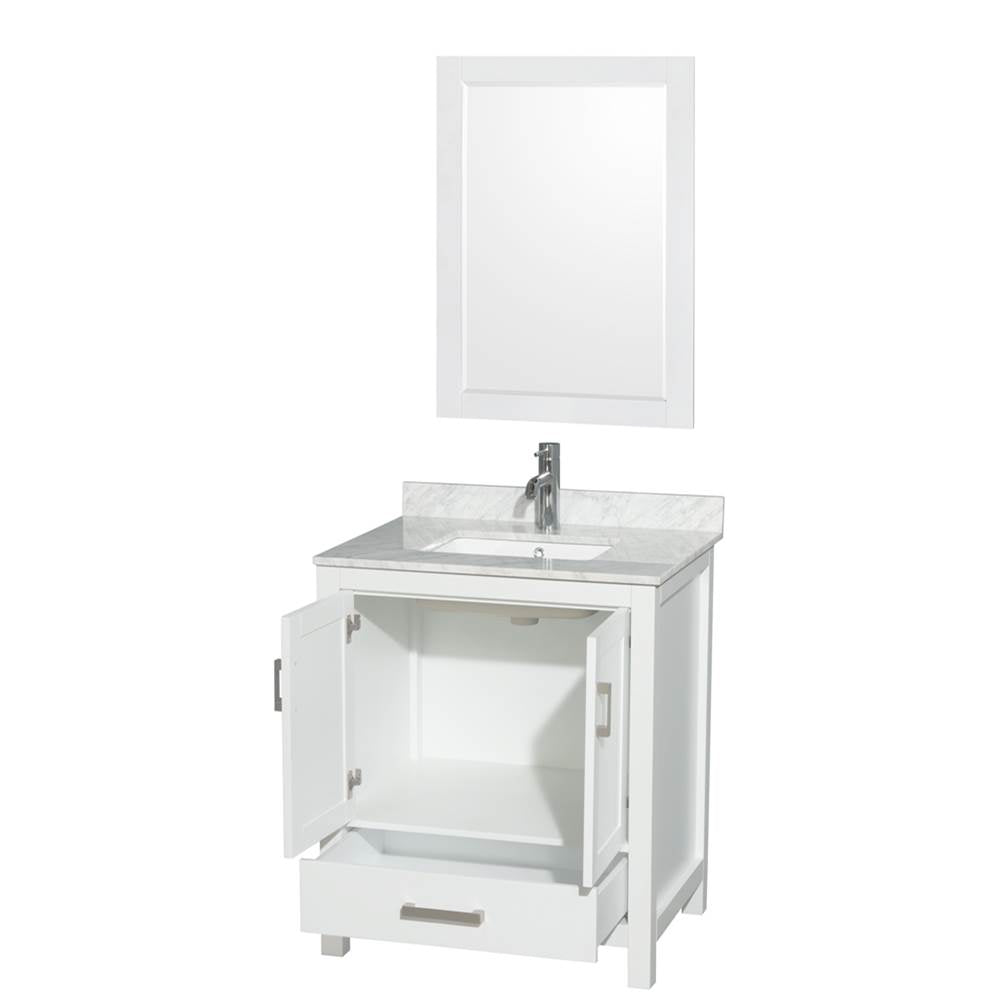 Sheffield 30 Inch Single Bathroom Vanity in Espresso, White Carrara Marble Countertop, Undermount Square Sink, and 24 Inch Mirror