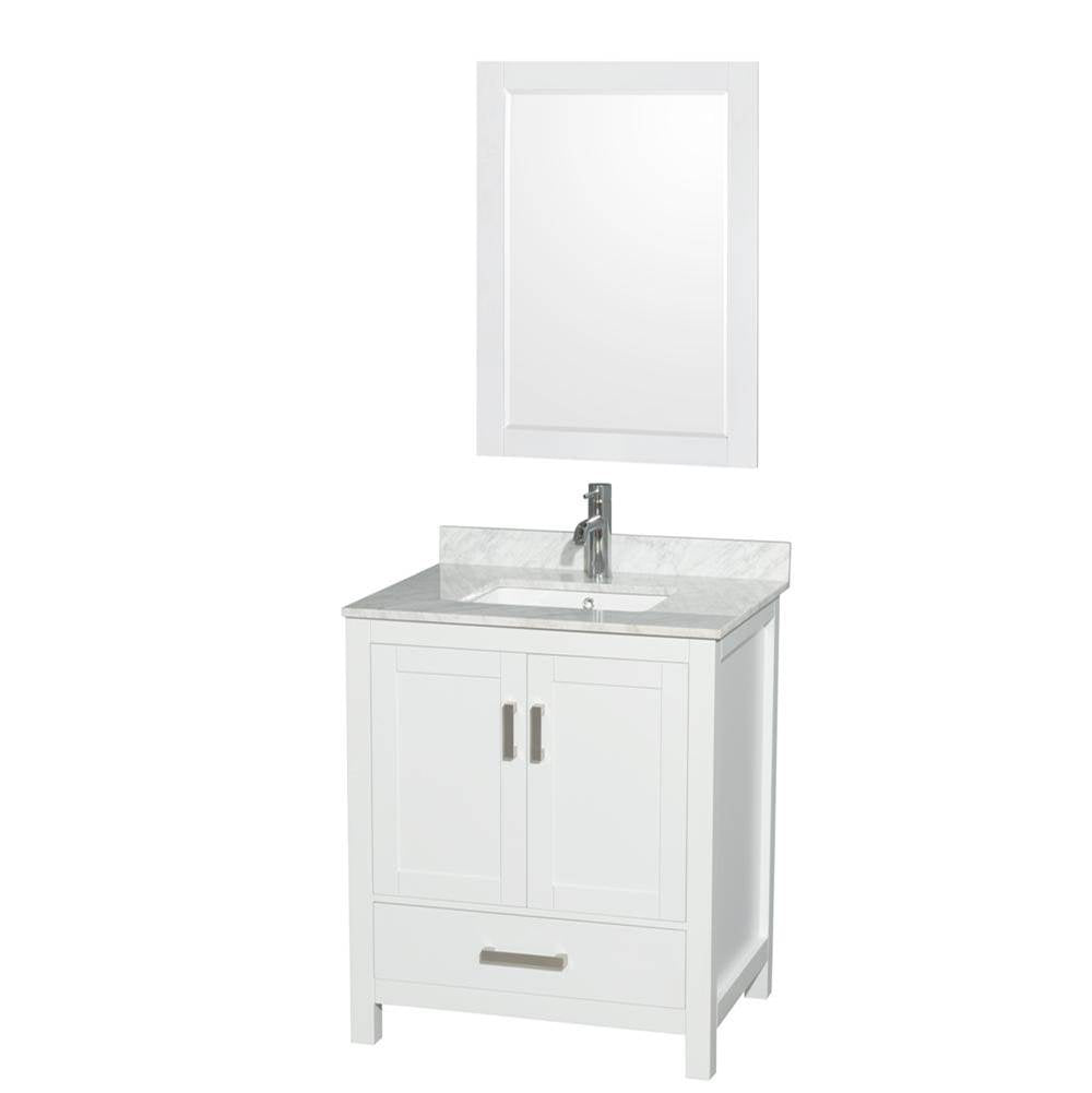 Wyndham Collection - Sheffield 30 Inch Single Bathroom Vanity in White, White Carrara Marble Countertop, Undermount Square Sink, and 24 Inch Mirror - White
