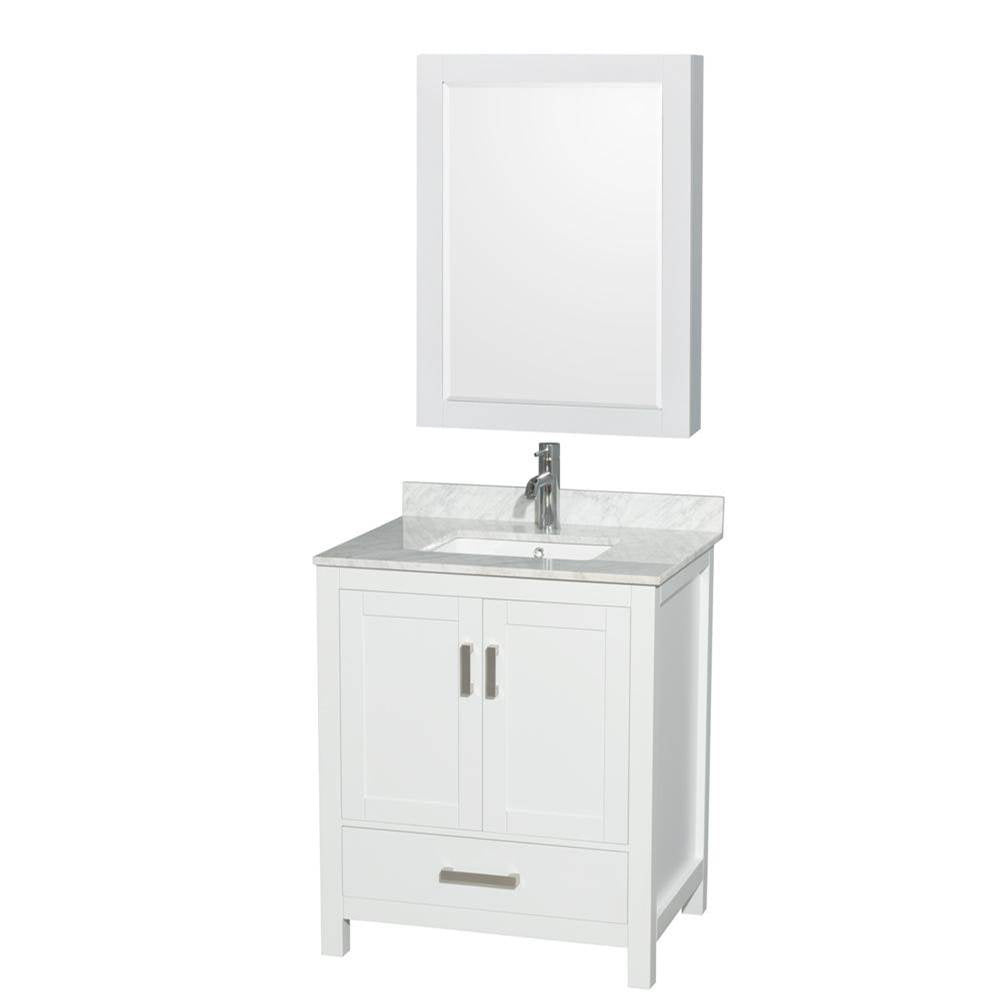 Wyndham Collection - Sheffield 30 Inch Single Bathroom Vanity in White, White Carrara Marble Countertop, Undermount Square Sink, and Medicine Cabinet - White