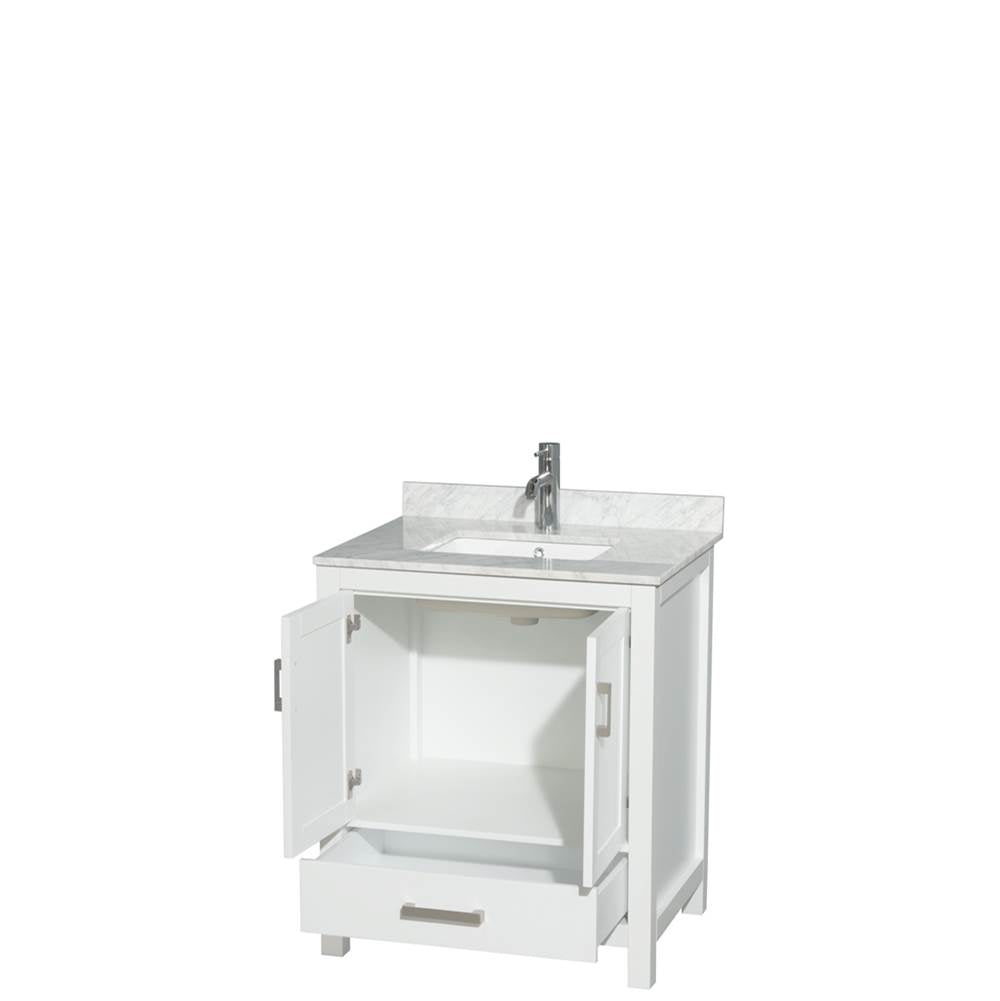 Sheffield 30 Inch Single Bathroom Vanity in Espresso, White Carrara Marble Countertop, Undermount Square Sink, and No Mirror