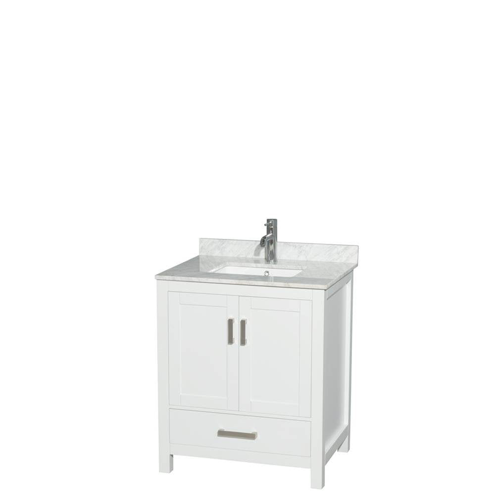 Wyndham Collection - Sheffield 30 Inch Single Bathroom Vanity in White, White Carrara Marble Countertop, Undermount Square Sink, and No Mirror - White