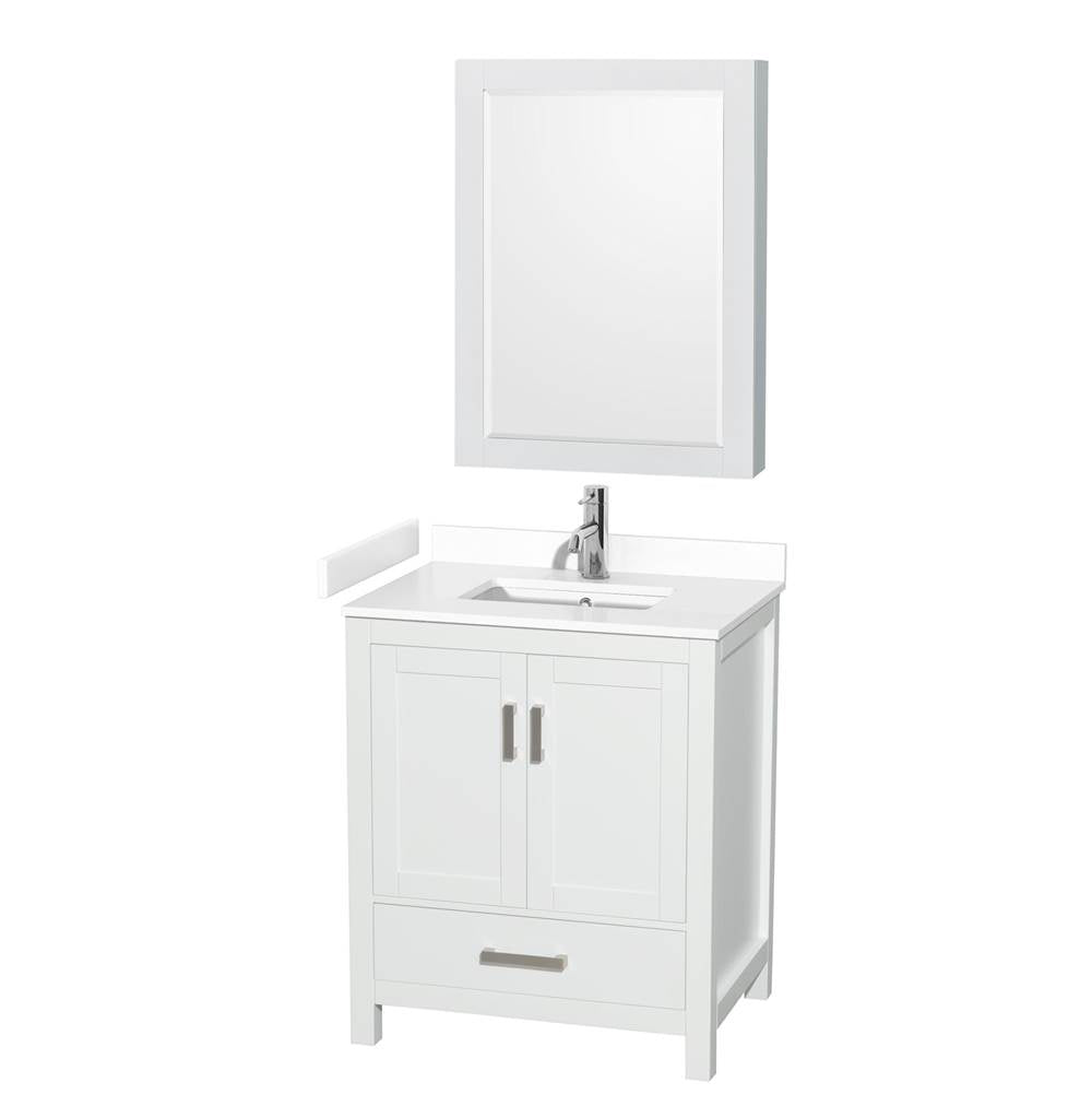 Wyndham Collection - Sheffield 30 Inch Single Bathroom Vanity in White, White Cultured Marble Countertop, Undermount Square Sink, Medicine Cabinet