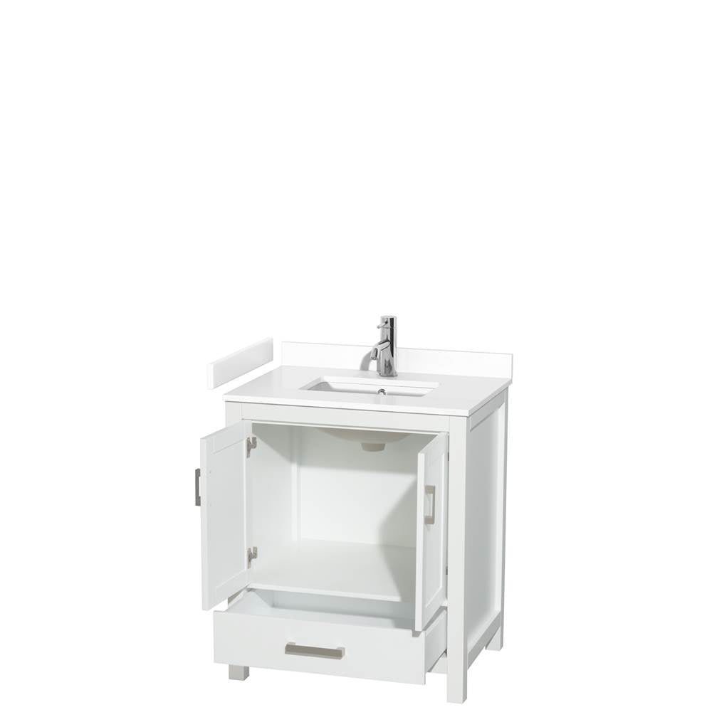 Sheffield 30 Inch Single Bathroom Vanity in White, White Cultured Marble Countertop, Undermount Square Sink, No Mirror